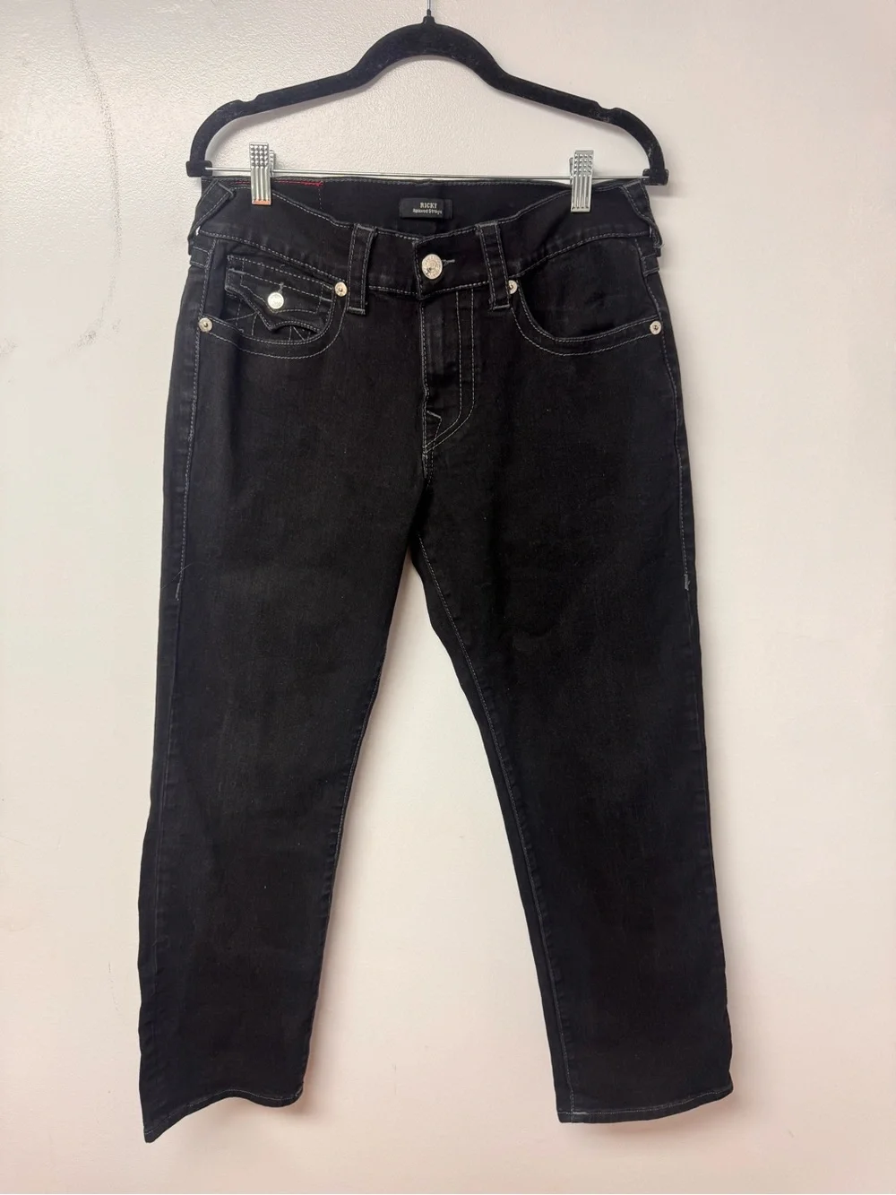 True Religion Ricky Relaxed Straight Jeans Men’s 32 Black Contrast Stitch B2